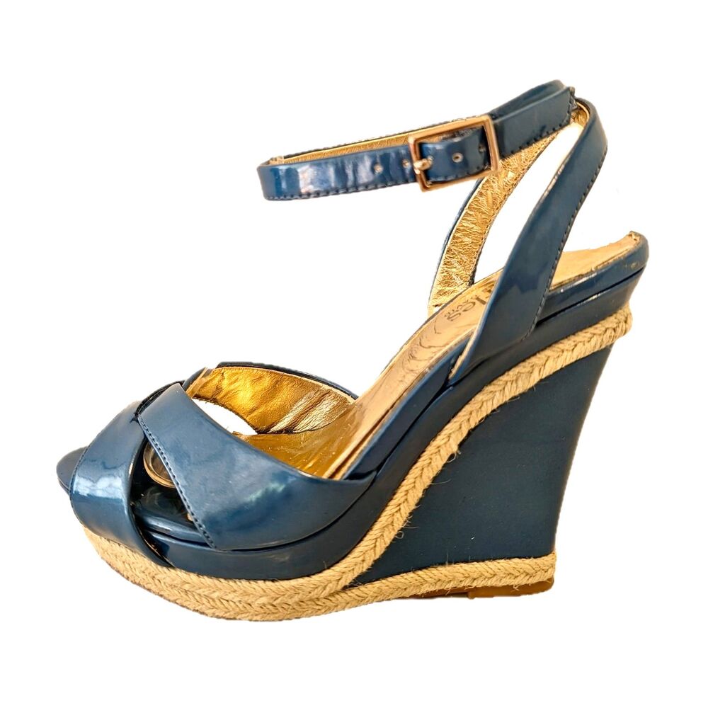 CHARLES Charles David "Lizzie" Slate Blue Patent & Braided Jute Wedge Sandals/ 6